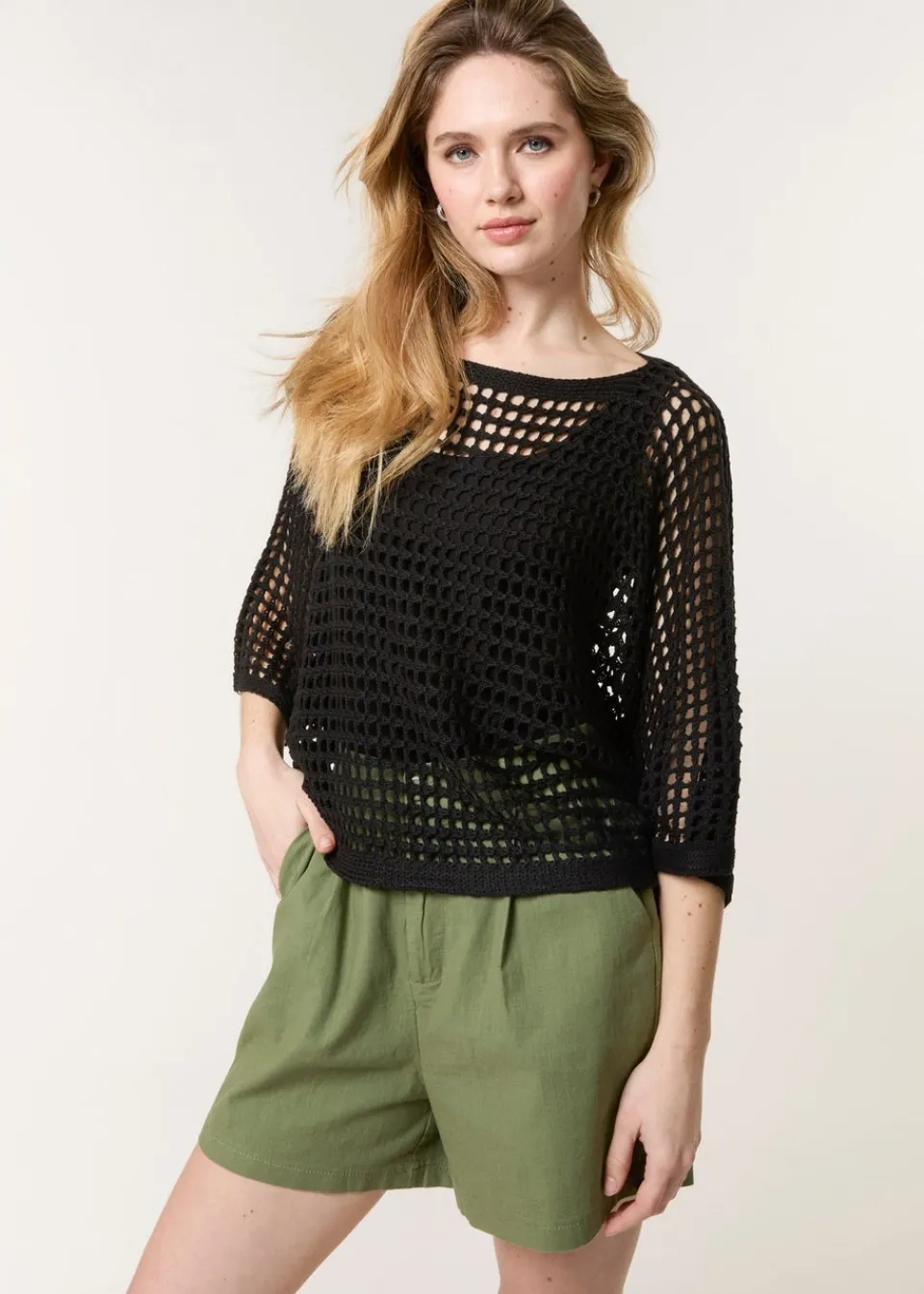 Tops>Blue Vanilla Black Round Neck Net Top