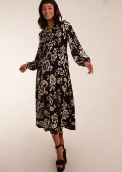 Dresses>Blue Vanilla Black Shirred Bust Long Sleeve Midi Shirt Dress