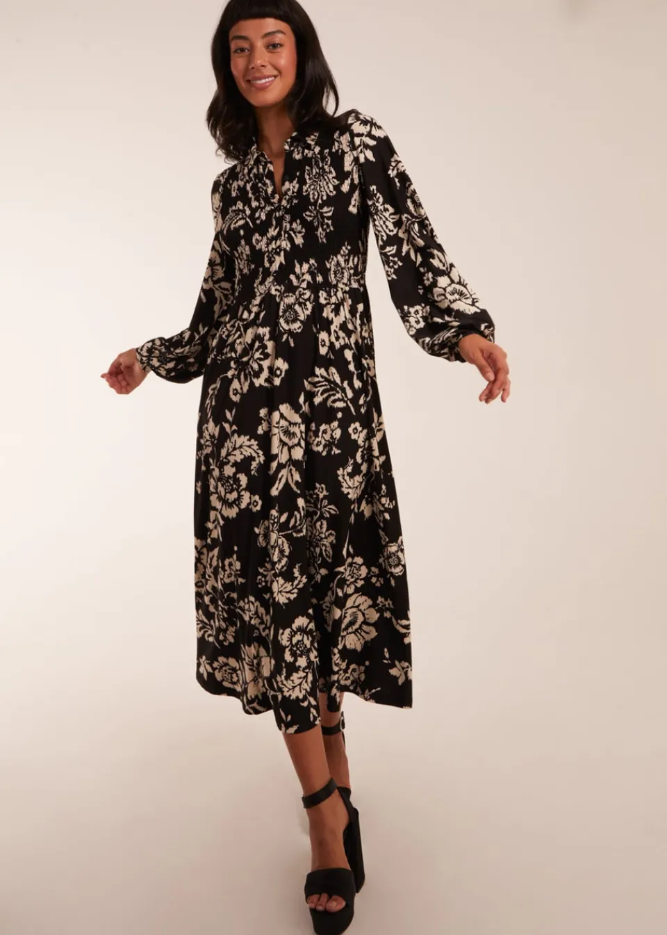 Dresses>Blue Vanilla Black Shirred Bust Long Sleeve Midi Shirt Dress