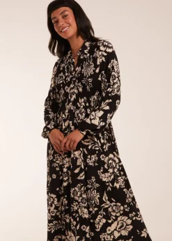 Dresses>Blue Vanilla Black Shirred Bust Long Sleeve Midi Shirt Dress