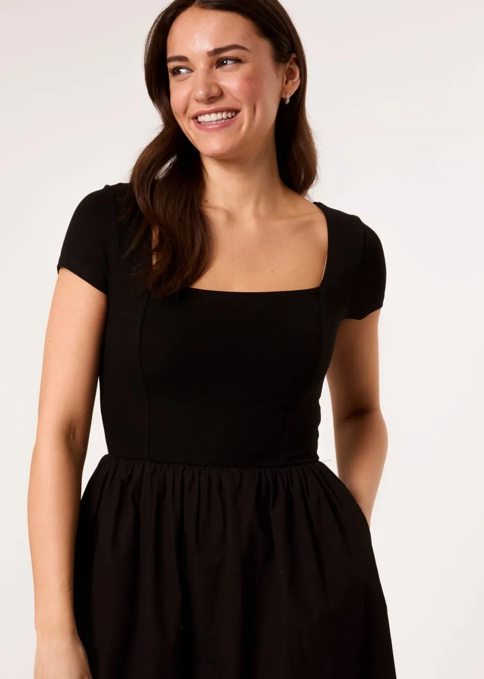 Dresses>Blue Vanilla Black Square Neck Mix Fabric Midi Dress