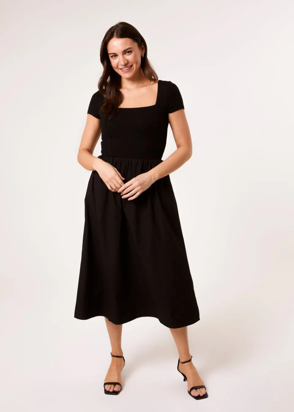 Dresses>Blue Vanilla Black Square Neck Mix Fabric Midi Dress