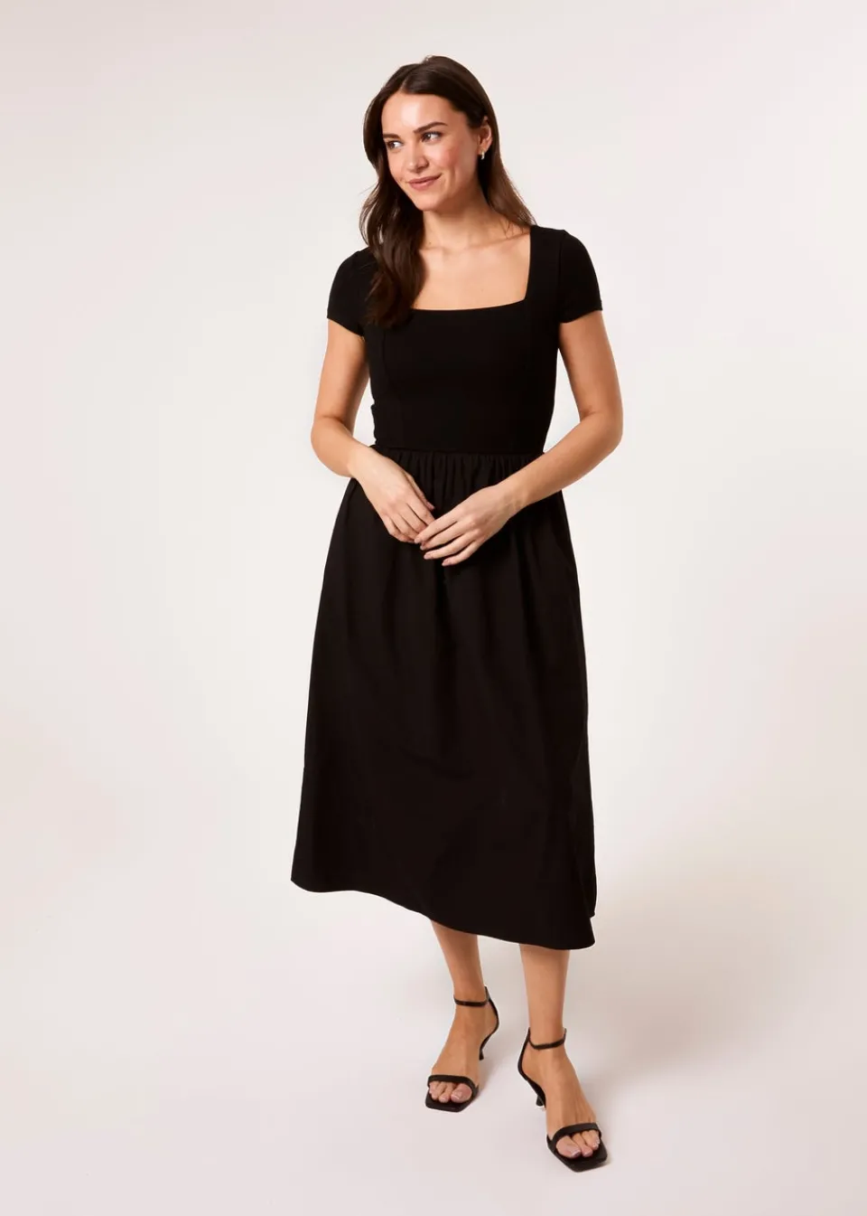 Dresses>Blue Vanilla Black Square Neck Mix Fabric Midi Dress