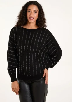 Tops>Blue Vanilla Black Striped Diamante Batwing Jumper