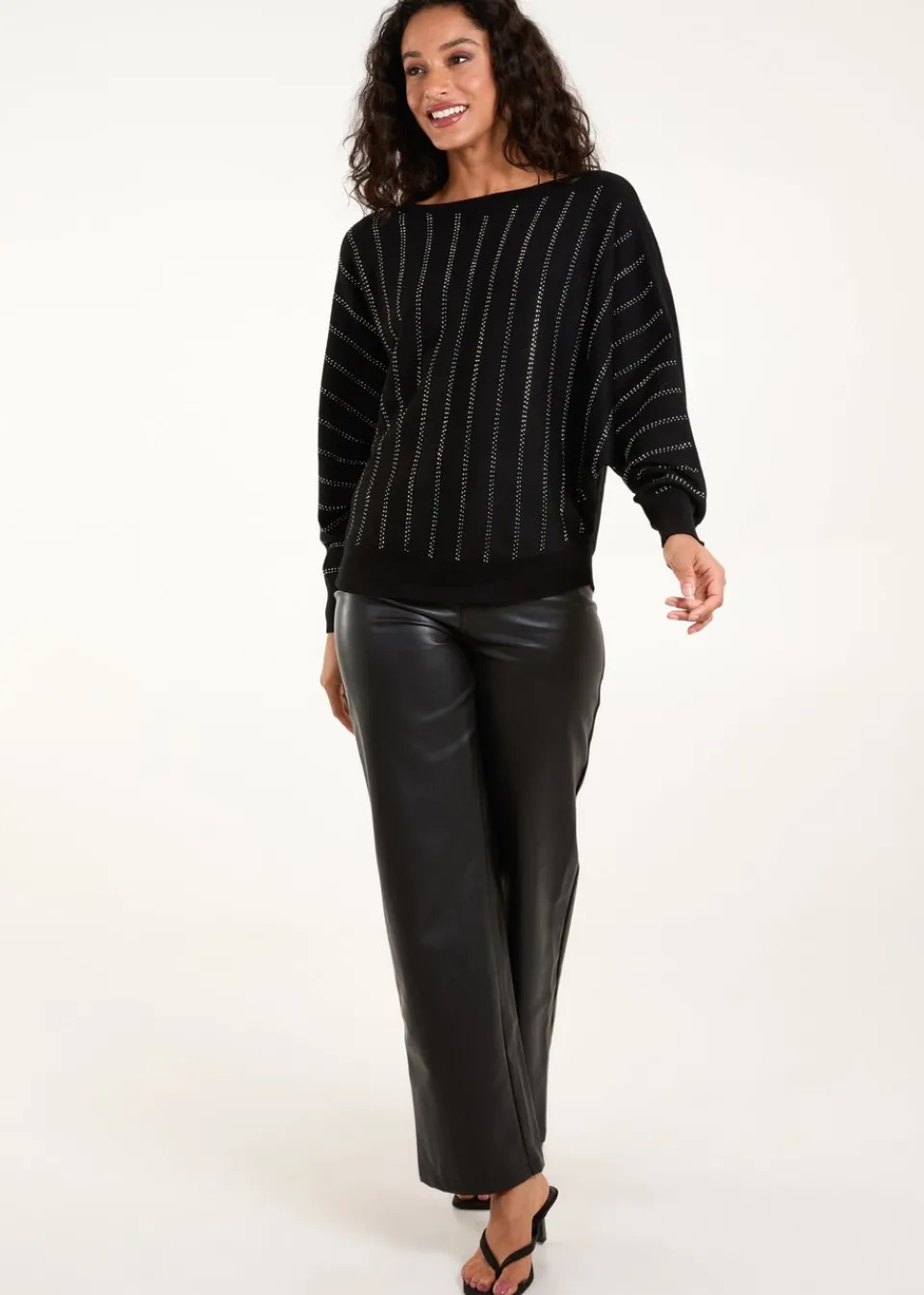 Tops>Blue Vanilla Black Striped Diamante Batwing Jumper