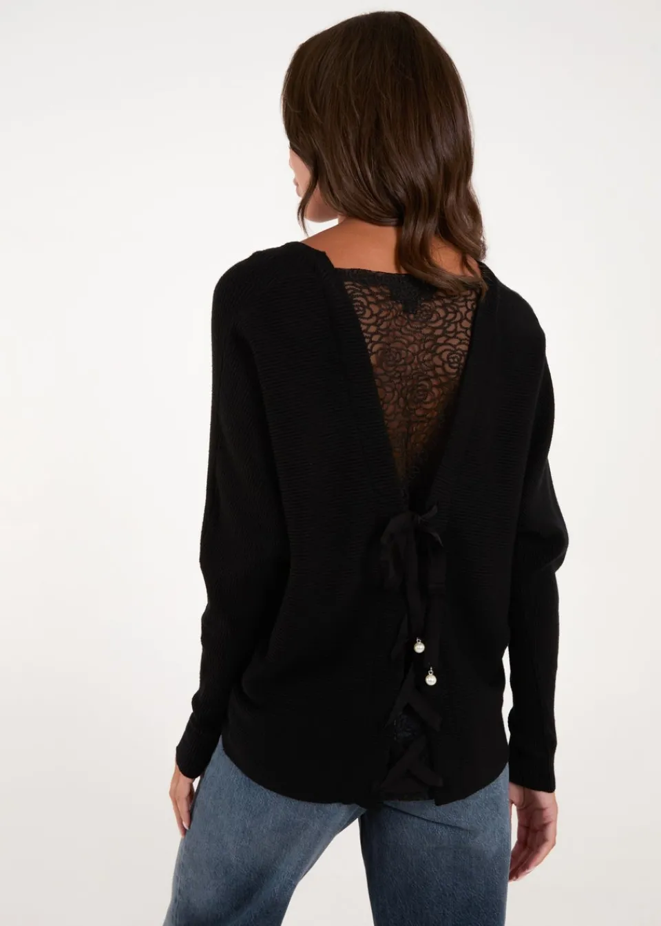 Tops>Blue Vanilla Black V Neck Ribbed Jumper