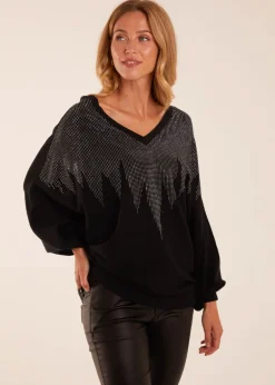 Tops>Blue Vanilla Black V Neck Diamante Jumper