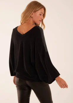 Tops>Blue Vanilla Black V Neck Diamante Jumper