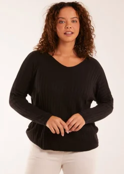 Tops>Blue Vanilla V-Neck Ribbed Jumper Black