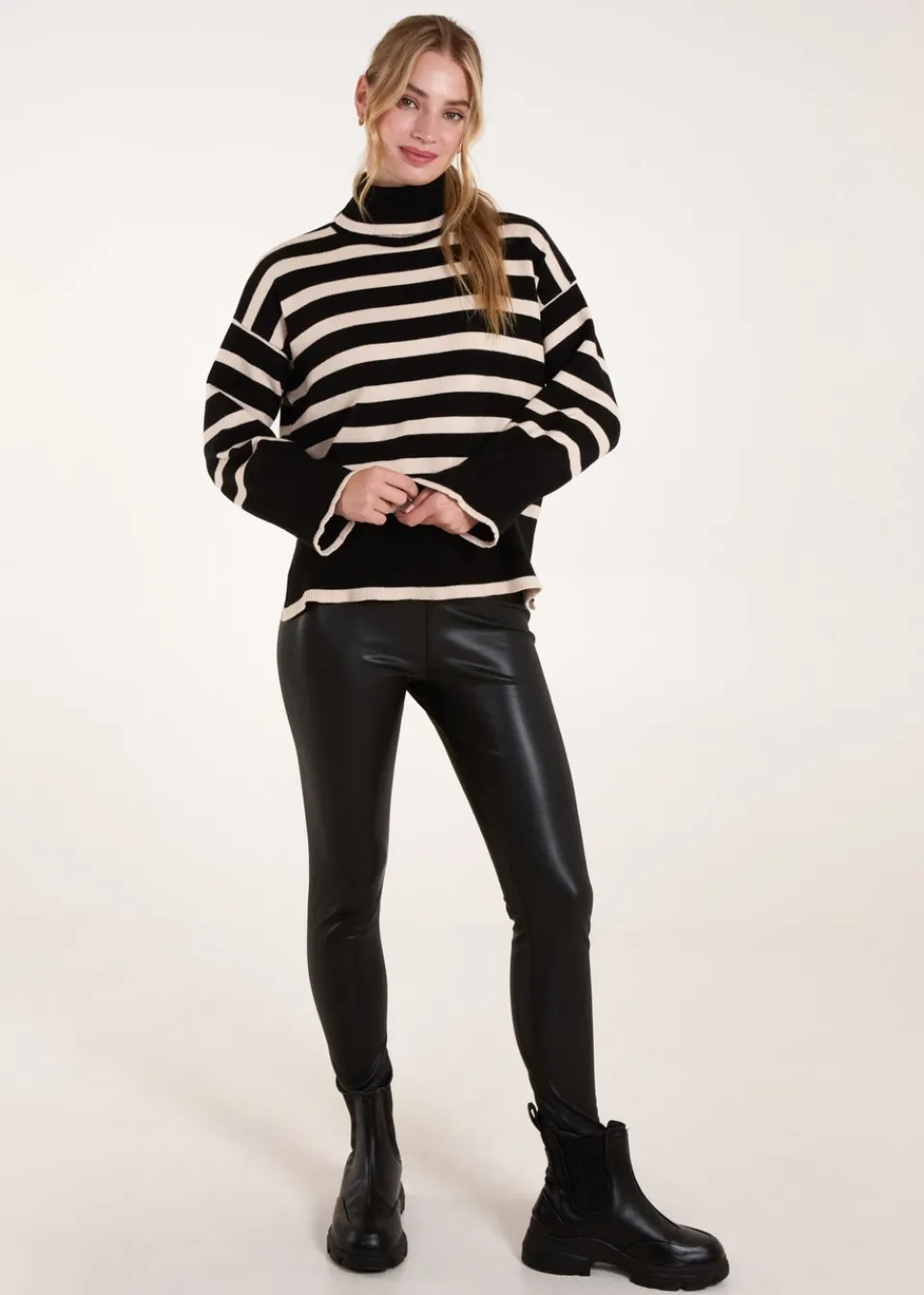 Tops>Blue Vanilla Black Wide Stripe Roll Neck Jumper