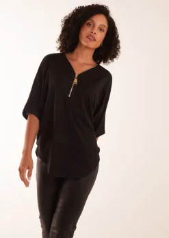 Tops>Blue Vanilla Zip Front Top Black