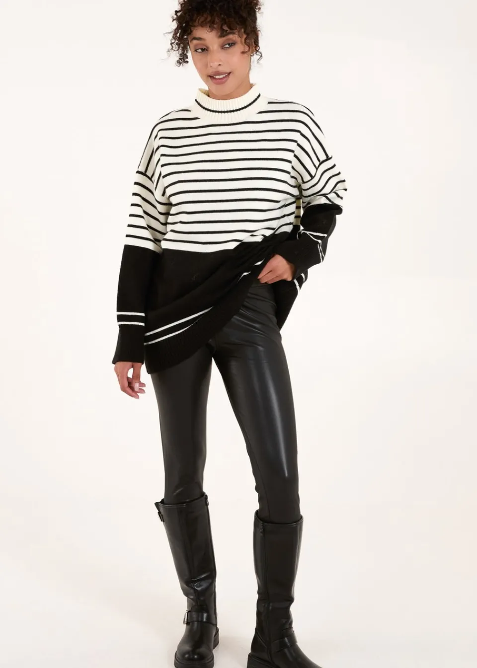 Tops>Blue Vanilla Black/White Mixed Stripe Round Neck Jumper