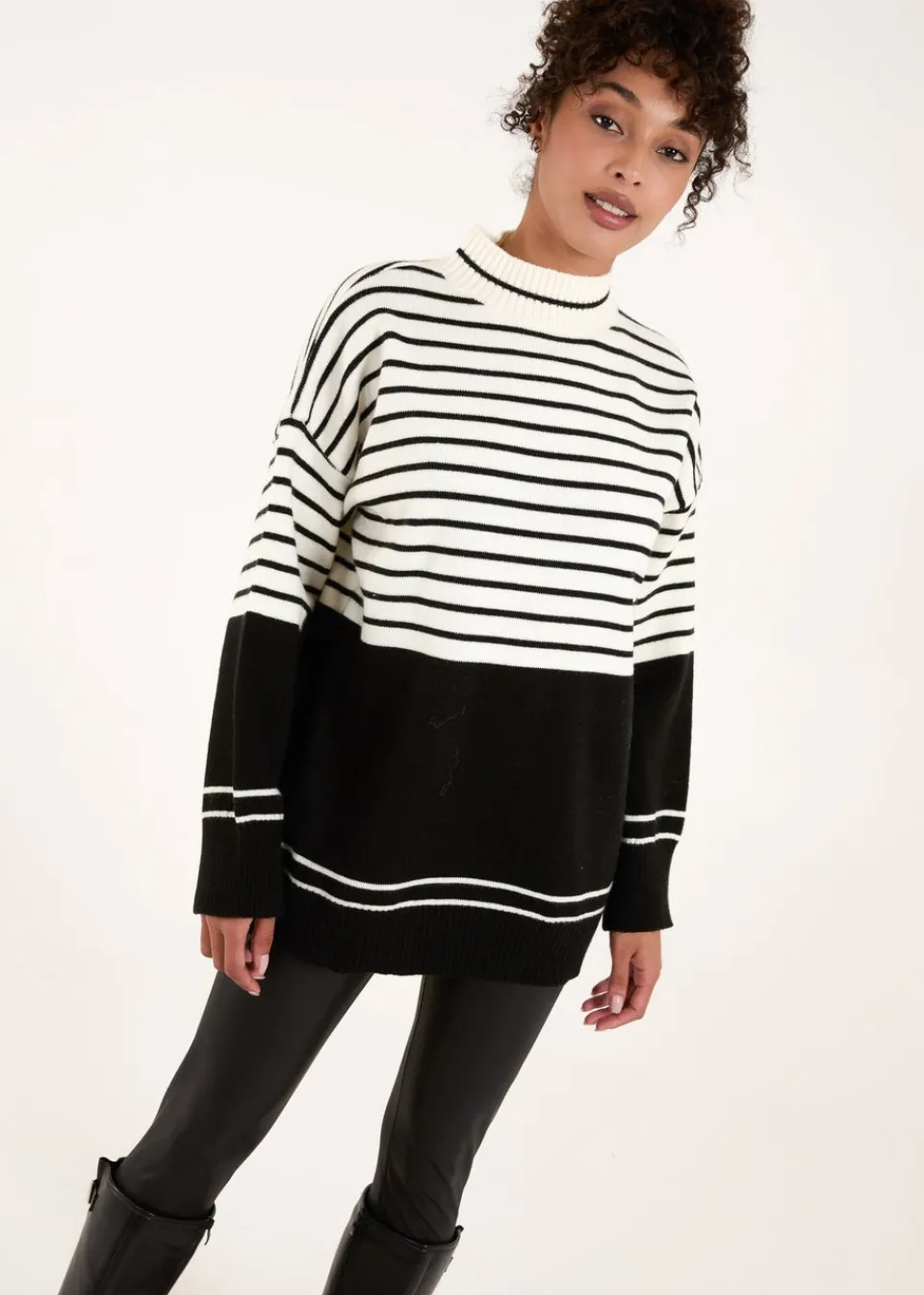 Tops>Blue Vanilla Black/White Mixed Stripe Round Neck Jumper