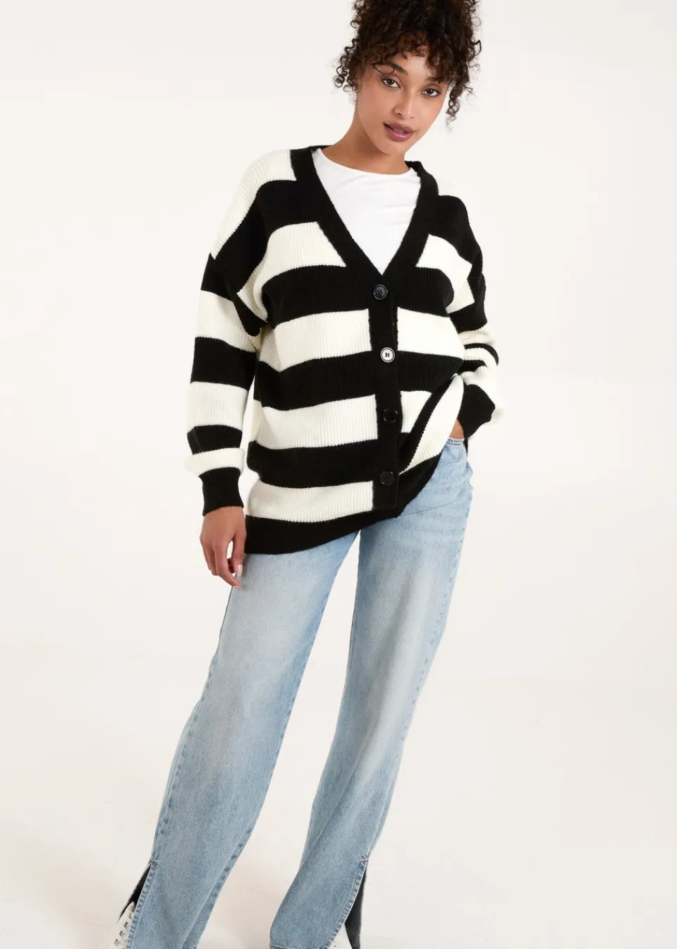 Knitwear>Blue Vanilla Black/White Stripe V Neck Cardigan