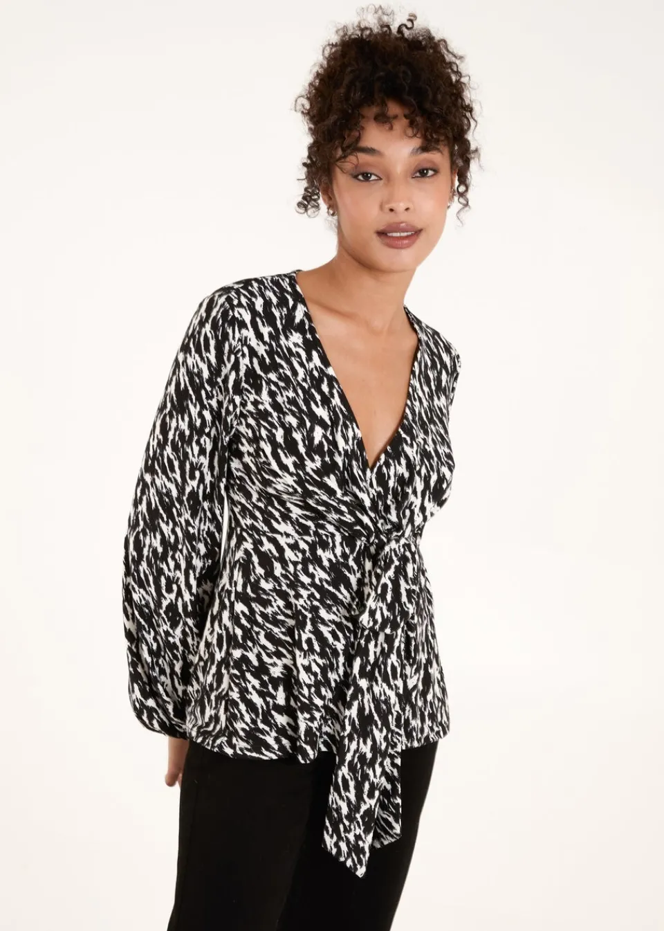 Tops>Blue Vanilla Black/White Wrap Front Tie Back Top