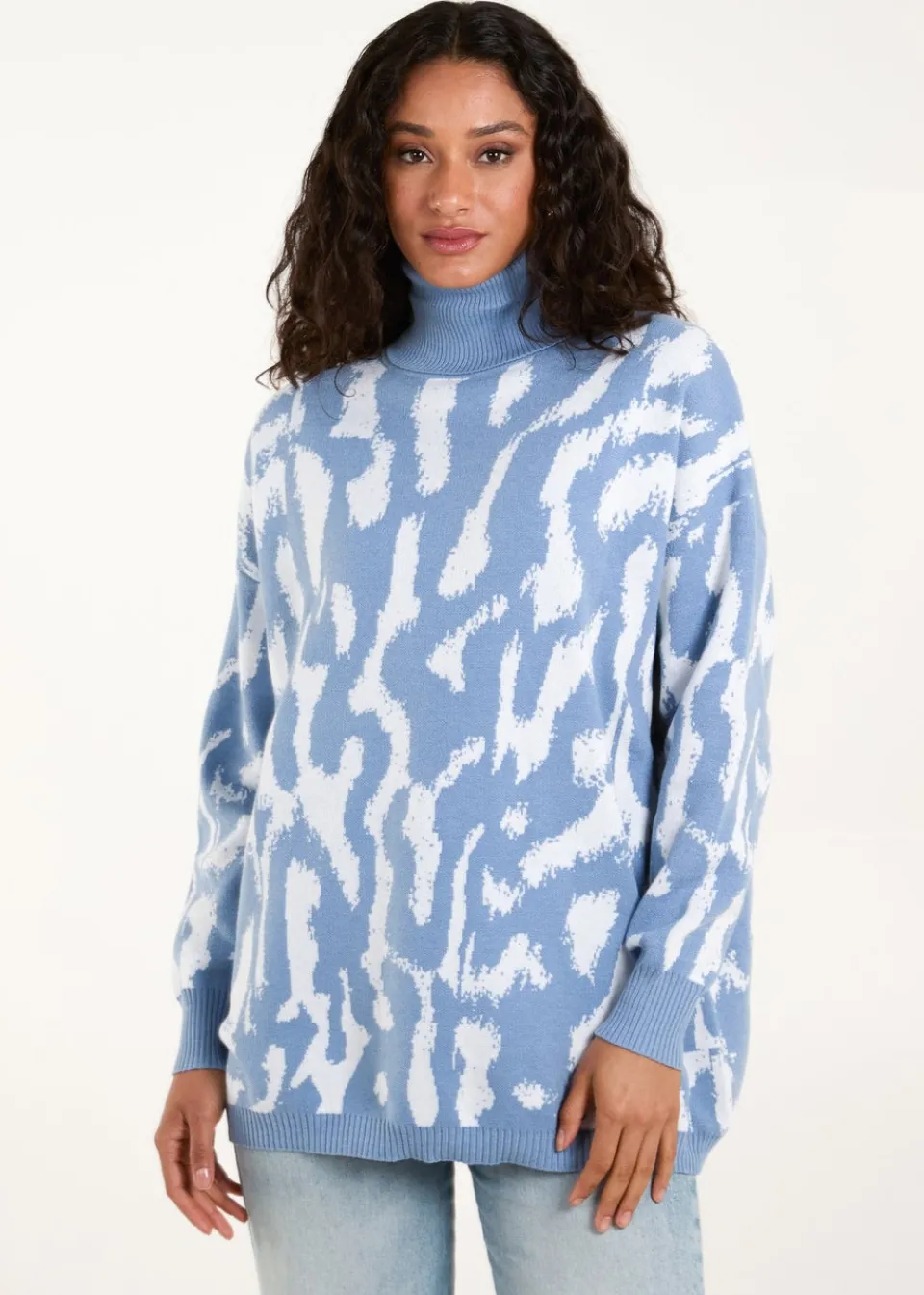 Tops>Blue Vanilla Blue Abstract Animal Roll Neck Jumper