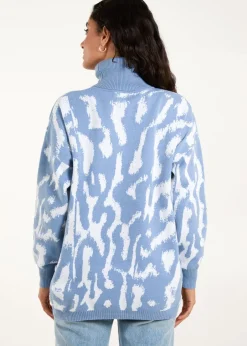 Tops>Blue Vanilla Blue Abstract Animal Roll Neck Jumper