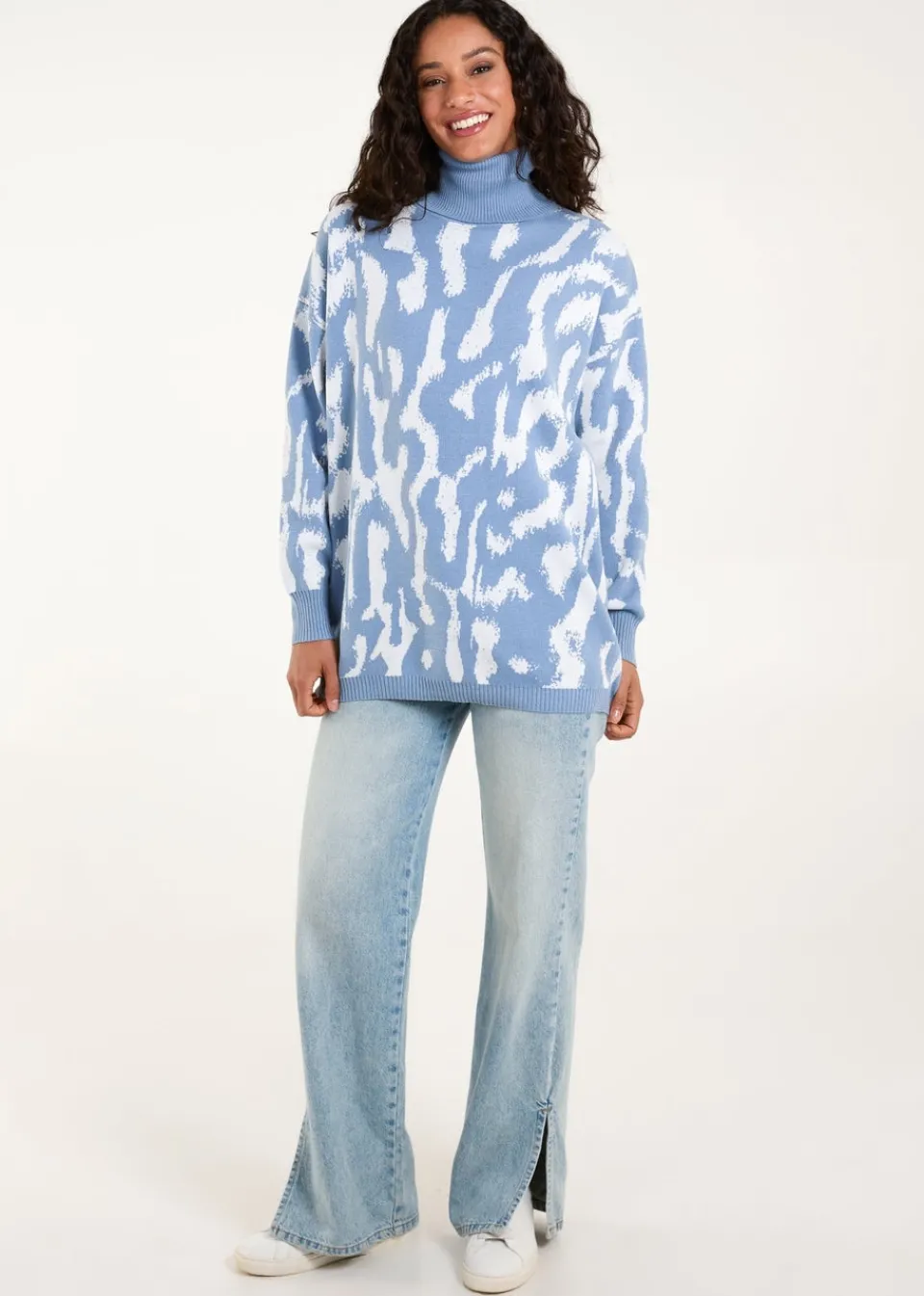 Tops>Blue Vanilla Blue Abstract Animal Roll Neck Jumper