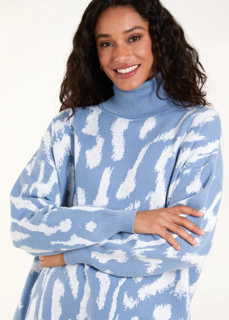 Tops>Blue Vanilla Blue Abstract Animal Roll Neck Jumper