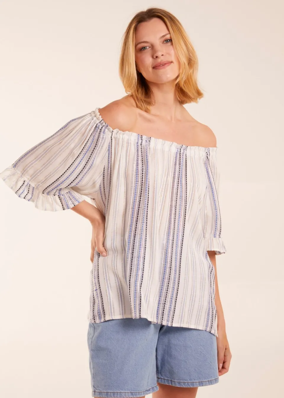 Tops>Blue Vanilla Blue Bardot Top With Stripe