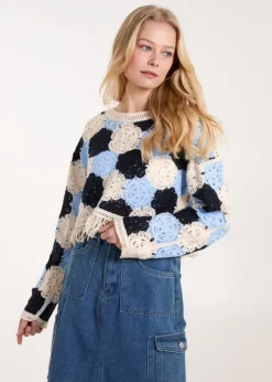 Tops>Blue Vanilla Blue Big Flower Crochet Jumper