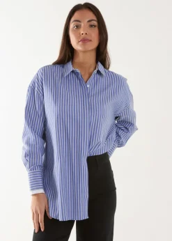 Tops>Blue Vanilla Blue Contrast Cuff Oversized Shirt
