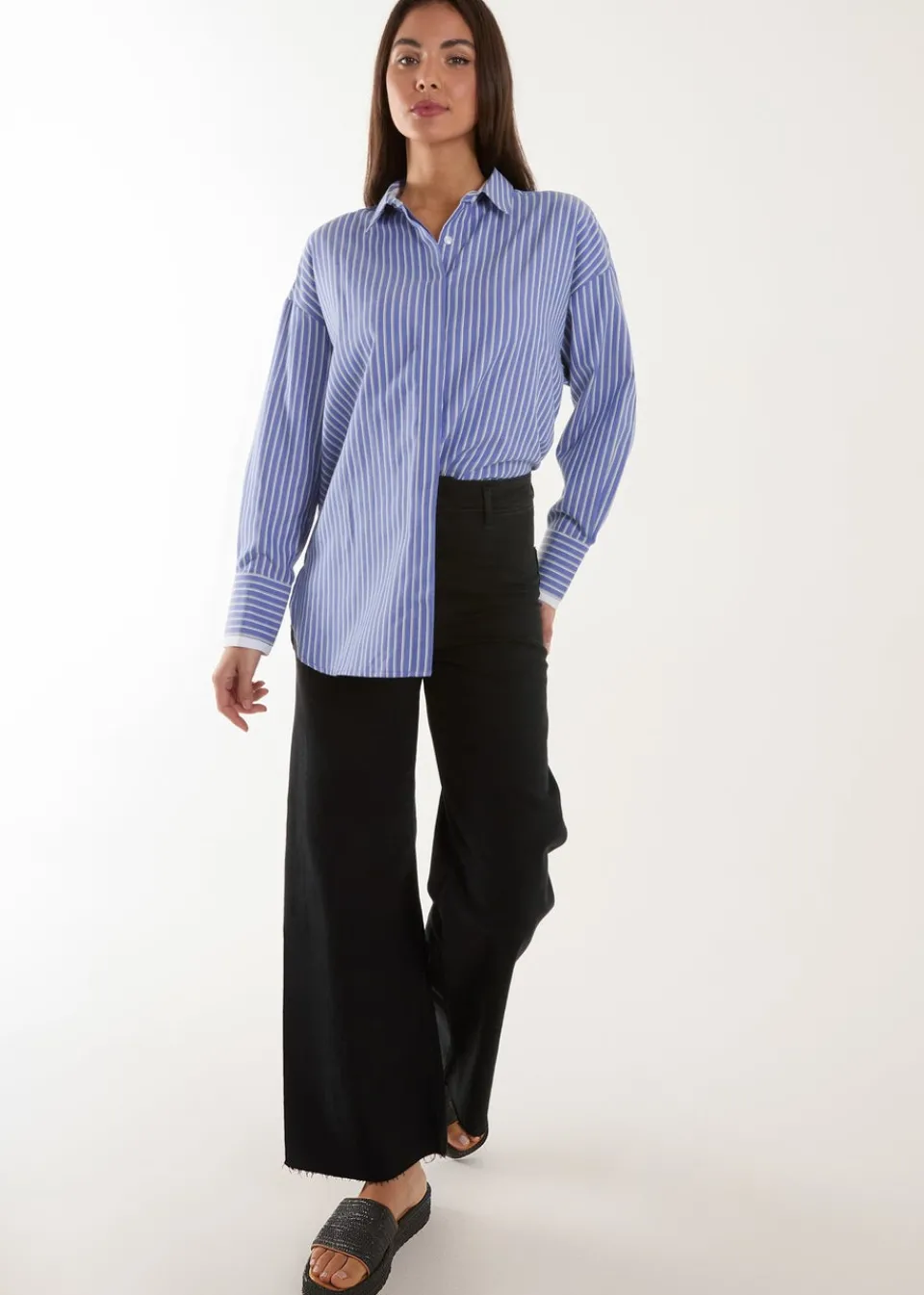 Tops>Blue Vanilla Blue Contrast Cuff Oversized Shirt