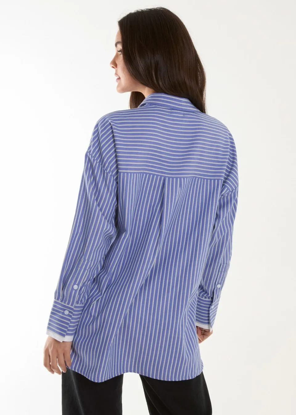 Tops>Blue Vanilla Blue Contrast Cuff Oversized Shirt