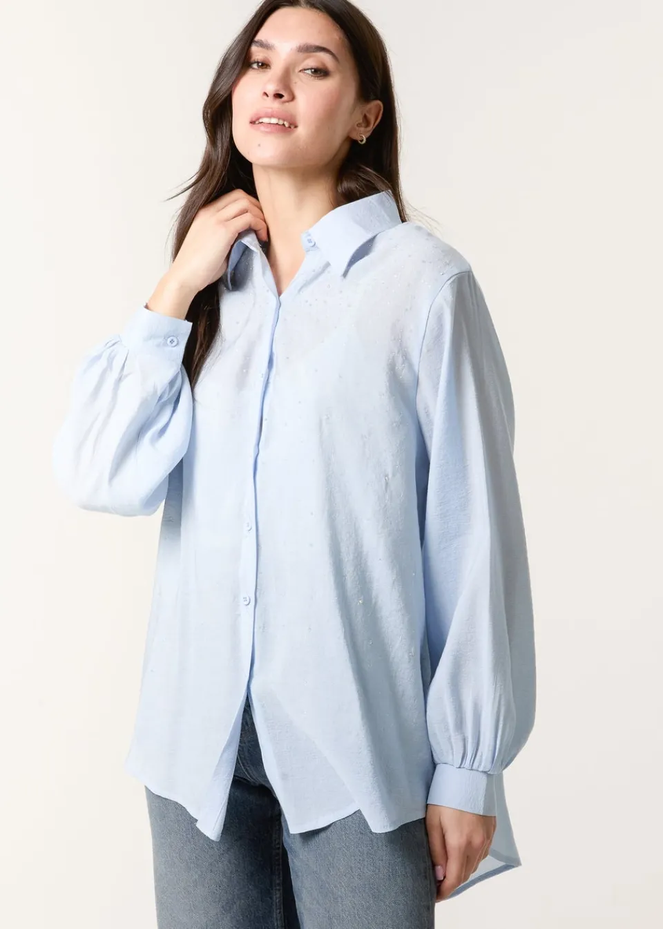 Blouses & Shirts>Blue Vanilla Blue Diamante Detailed Classic Shirt