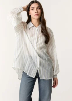 Tops>Blue Vanilla Blue Diamante Detailed Shirt With Vertical Stripes