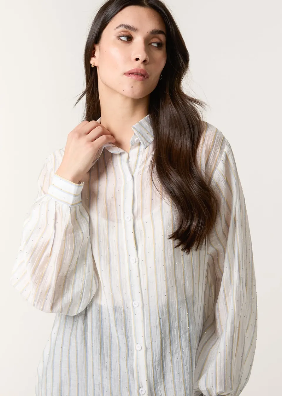Tops>Blue Vanilla Blue Diamante Detailed Shirt With Vertical Stripes