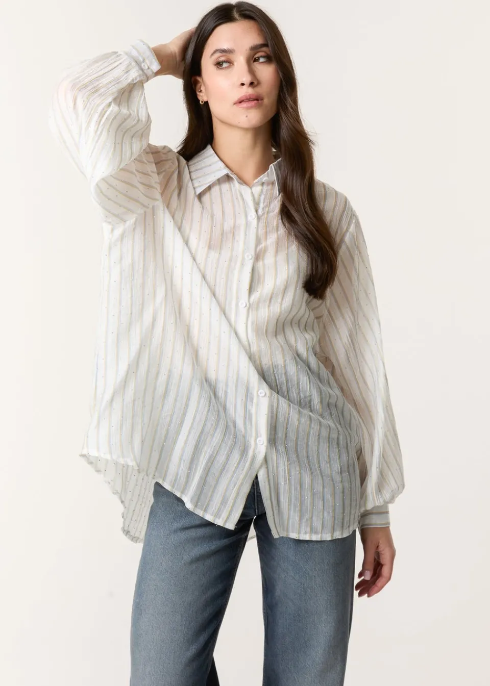 Tops>Blue Vanilla Blue Diamante Detailed Shirt With Vertical Stripes