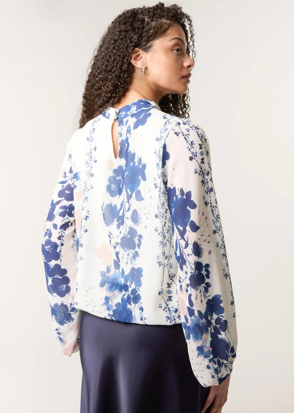 Blouses & Shirts>Blue Vanilla Blue Floral High Neck Puff Ball Blouse