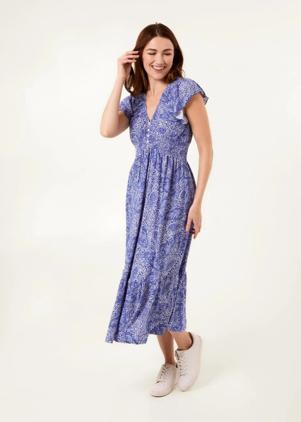 Dresses>Blue Vanilla Blue Frill Sleeve V Neck Button Front Midi Dress