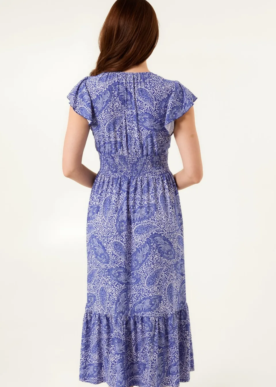 Dresses>Blue Vanilla Blue Frill Sleeve V Neck Button Front Midi Dress