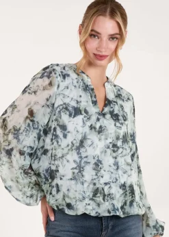 Tops>Blue Vanilla Blue Grandad Collar Puffball Watercolour Top