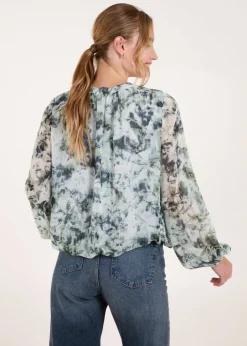Tops>Blue Vanilla Blue Grandad Collar Puffball Watercolour Top