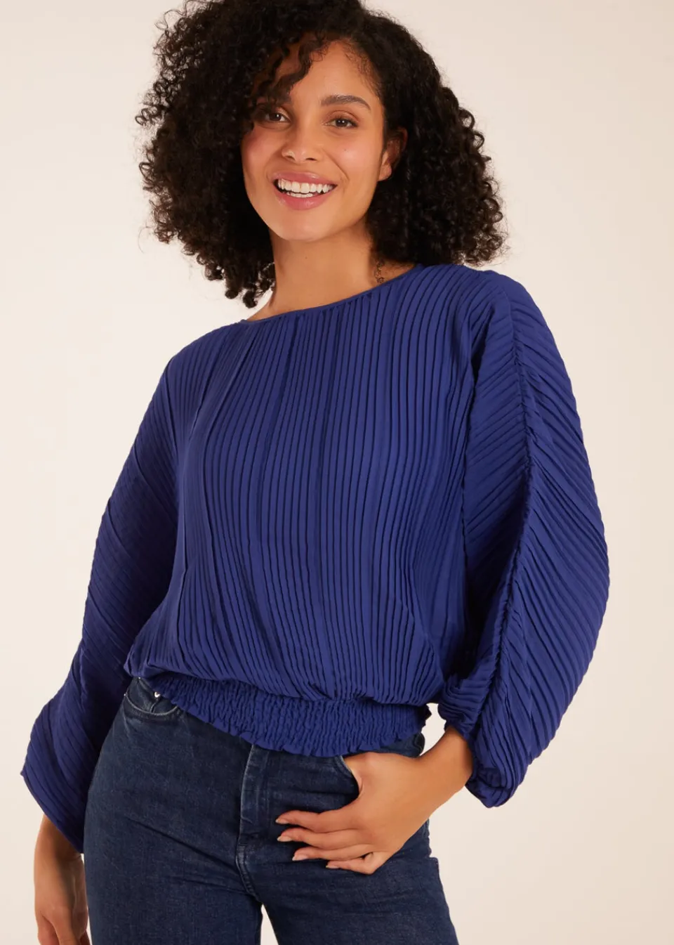 Tops>Blue Vanilla Long Sleeve Pleated Top Blue