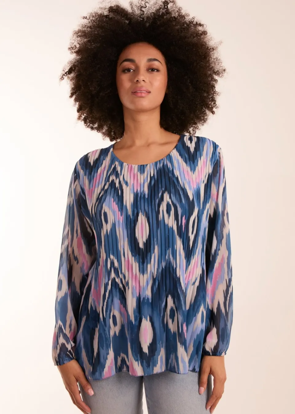 Tops>Blue Vanilla Blue Pleated Print Top