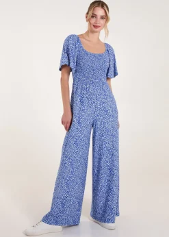 Jumpsuits & Playsuits>Blue Vanilla Blue Square Neck Shirred Waist Angel Sleeve Wide Leg Jumpsuit