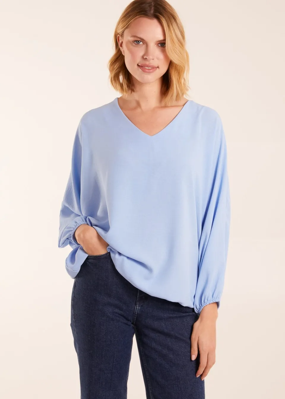 Tops>Blue Vanilla Blue V Neck Puff Sleeve Blouse