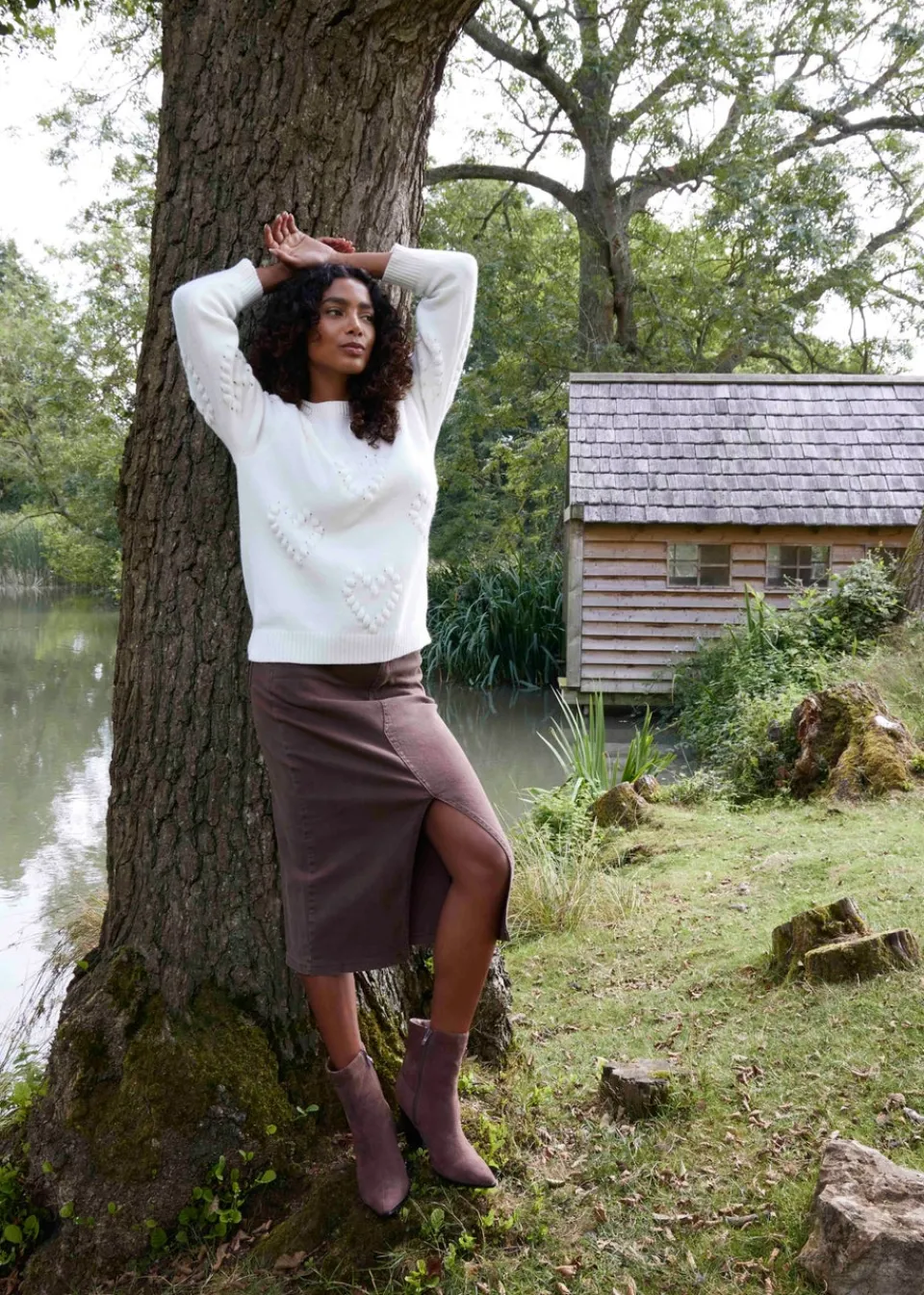Skirts>Blue Vanilla Brown Acid Wash Denim Mid Skirt