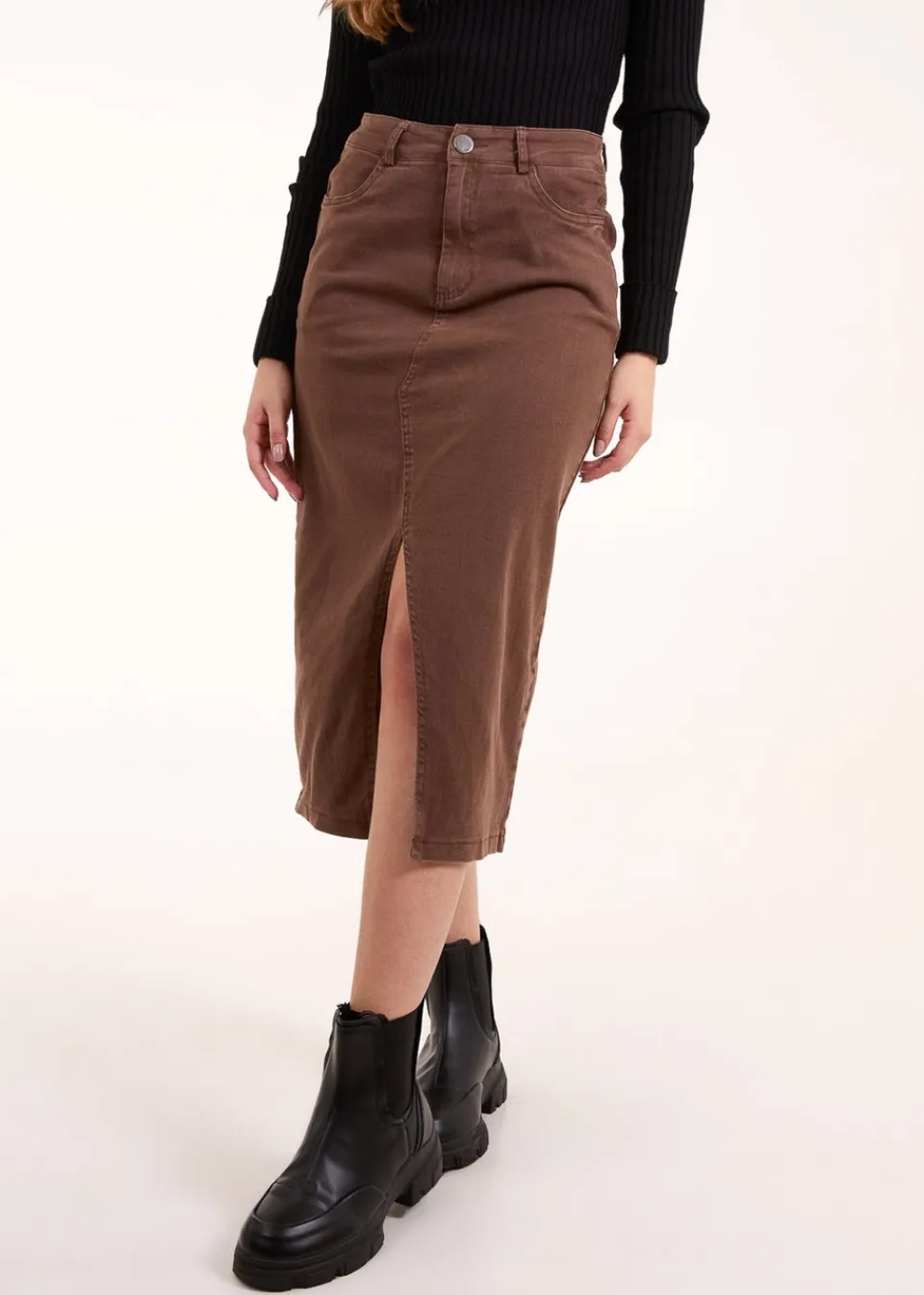 Skirts>Blue Vanilla Brown Acid Wash Denim Mid Skirt