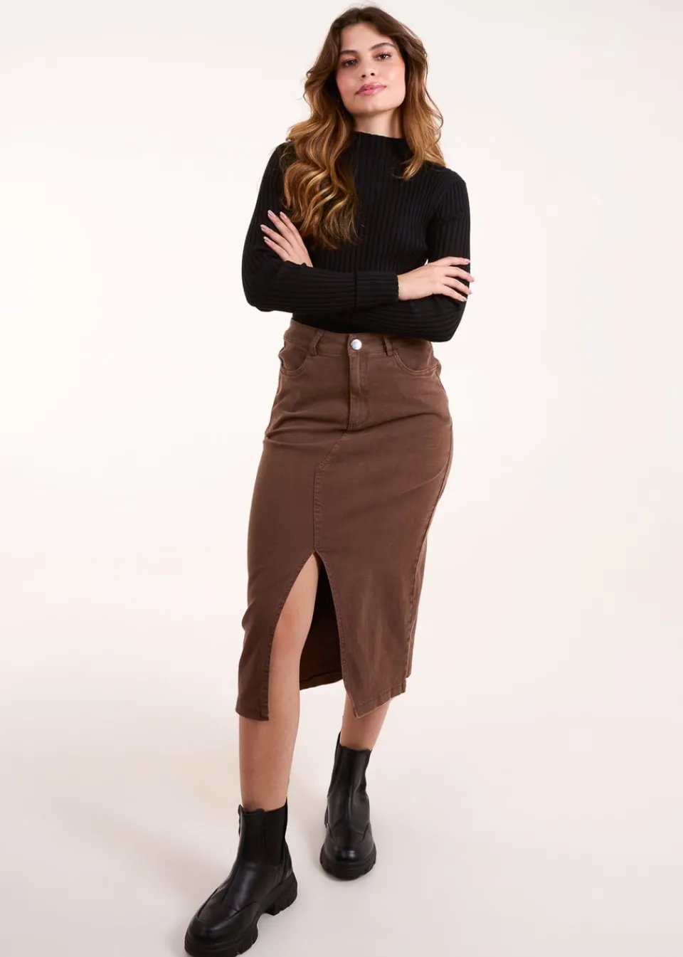 Skirts>Blue Vanilla Brown Acid Wash Denim Mid Skirt