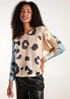 Tops>Blue Vanilla Brown Colour Block Leopard Fine Knit Jumper