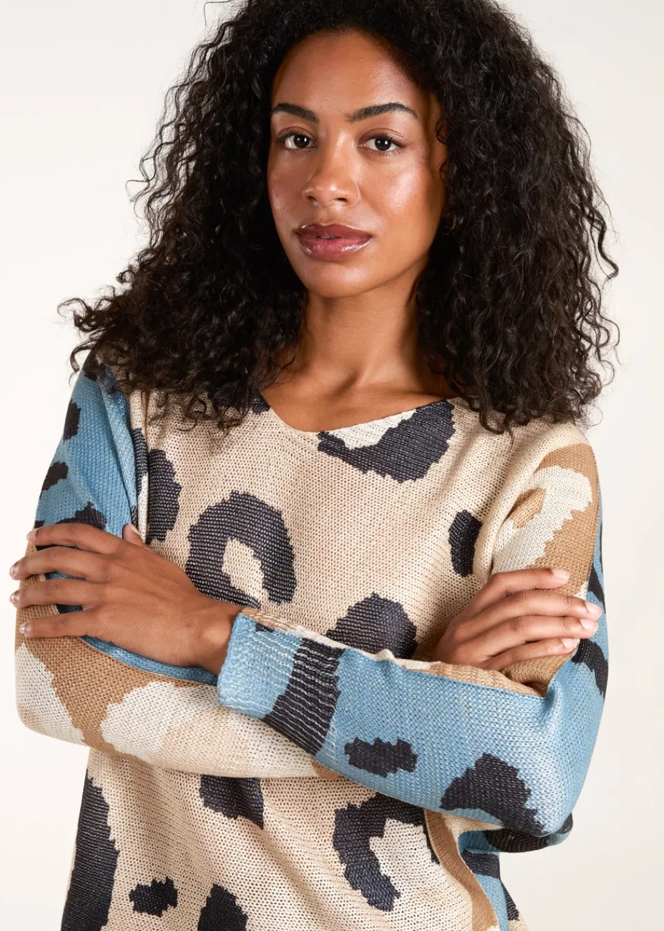 Tops>Blue Vanilla Brown Colour Block Leopard Fine Knit Jumper