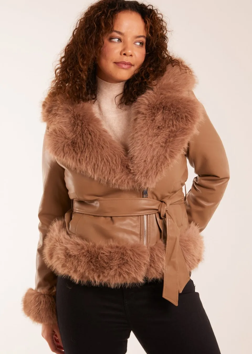 Coats & Jackets>Blue Vanilla Faux Fur Cropped Leather Look Jacket Brown