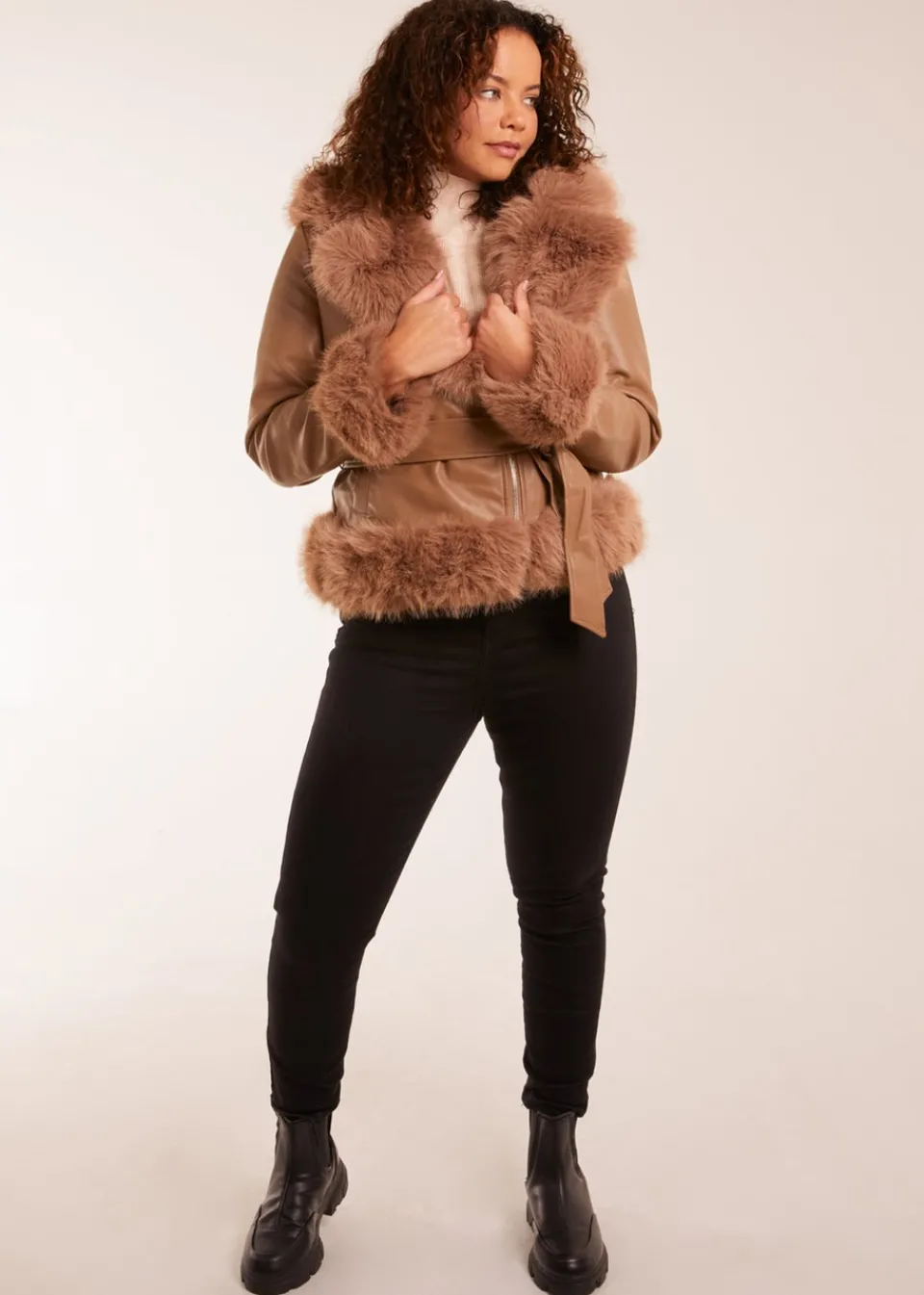 Coats & Jackets>Blue Vanilla Faux Fur Cropped Leather Look Jacket Brown
