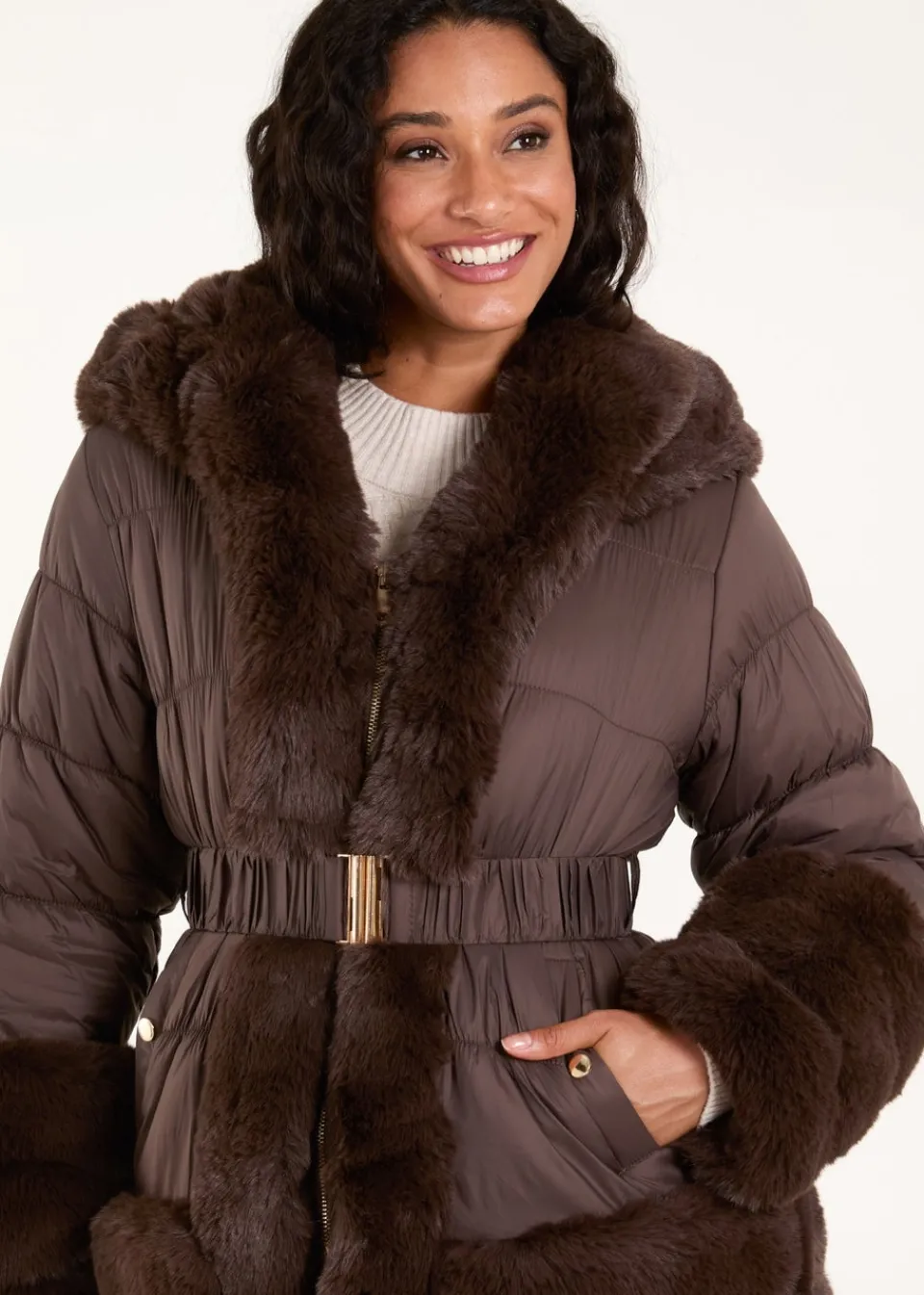 Coats & Jackets>Blue Vanilla Brown Faux Fur Trim Belted Puffer Coat