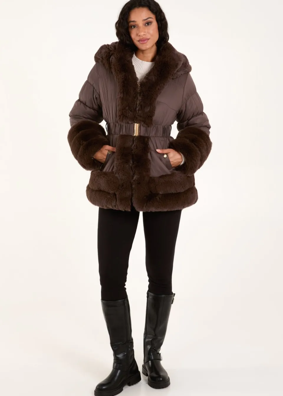 Coats & Jackets>Blue Vanilla Brown Faux Fur Trim Belted Puffer Coat